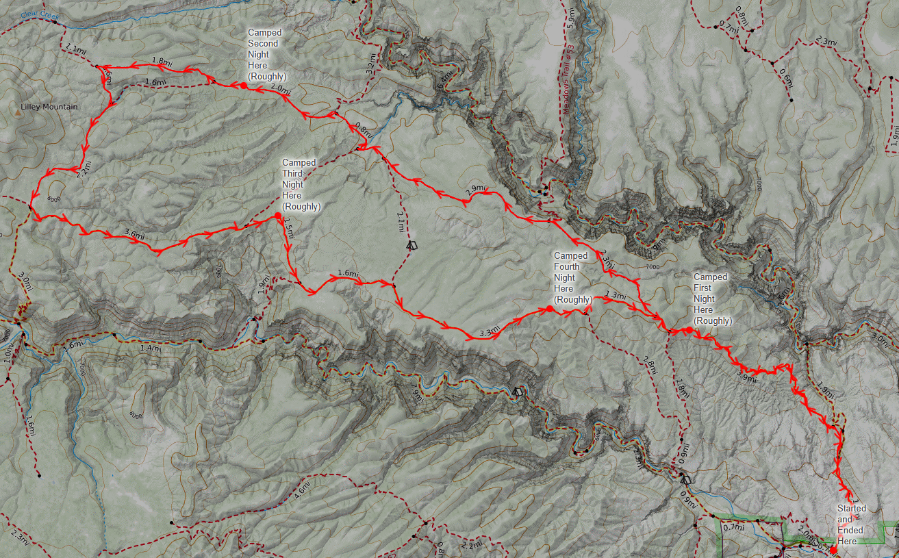 A map of our route through the Gila Wilderness