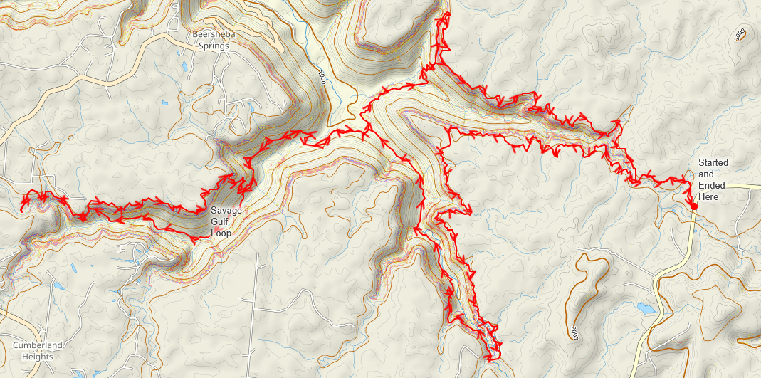 Map of the route we hiked in Savage Gulf State Park