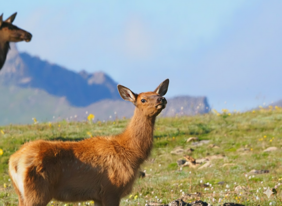 An elk calf standing in a field