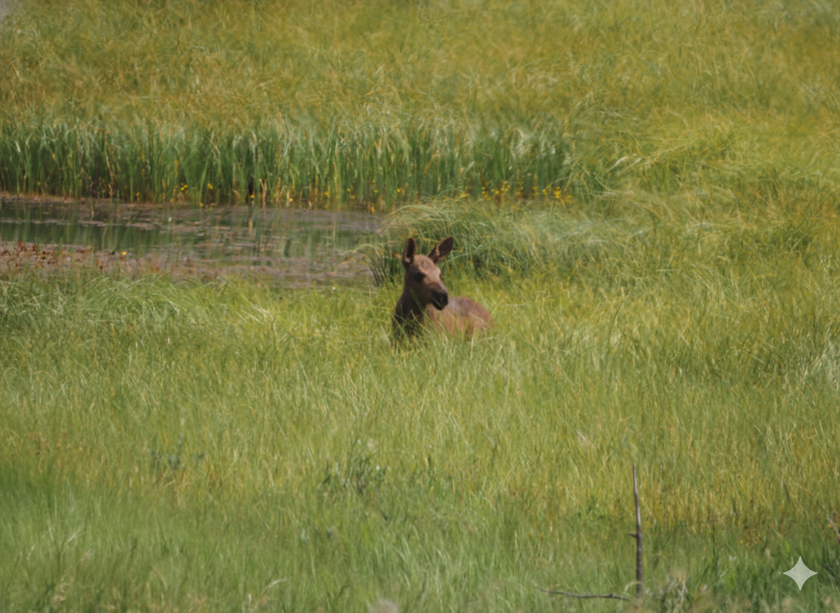 A young moose in tall grass