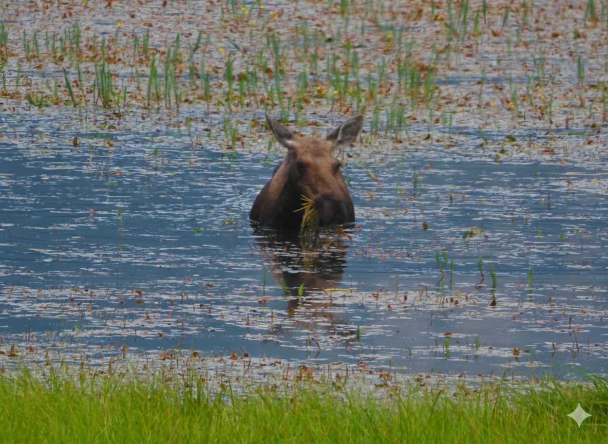 A moose standing in a lake